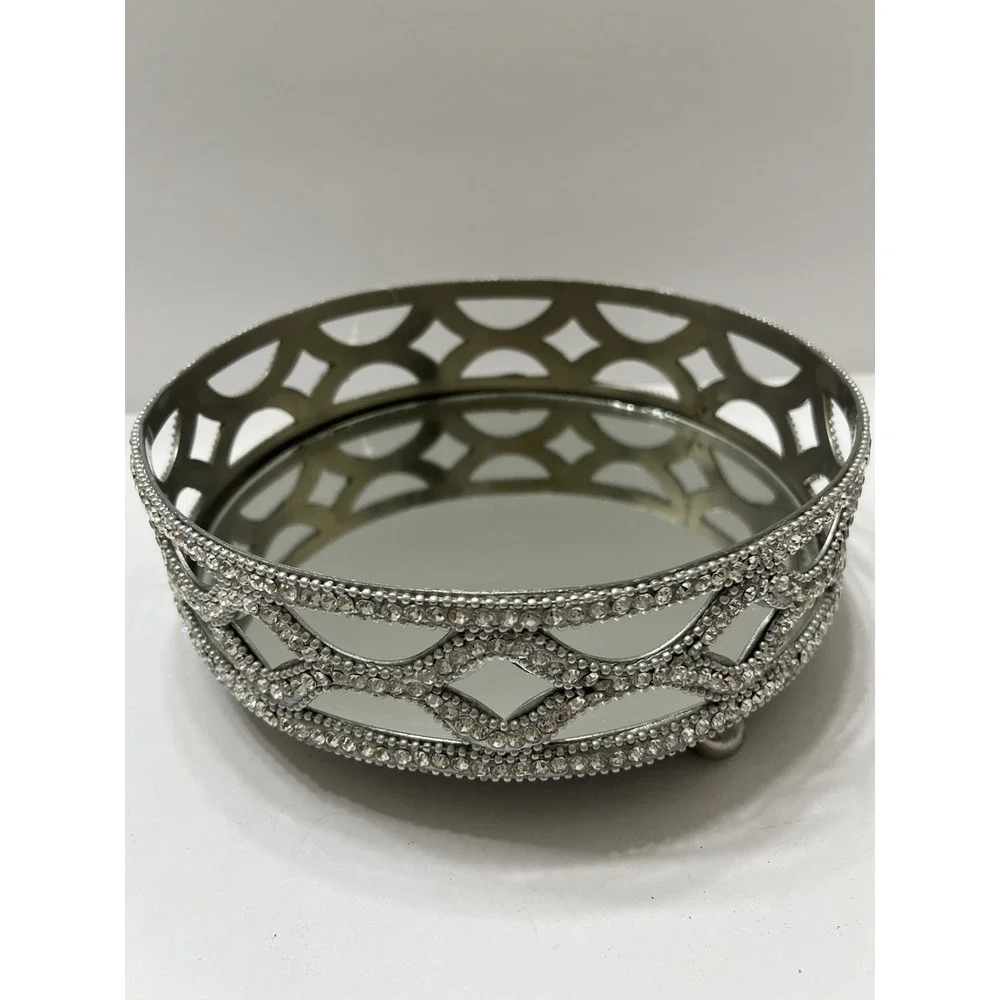 Godinger Vanity Tray Round Mirror Crystal Rhinestones Silver Tone 8
